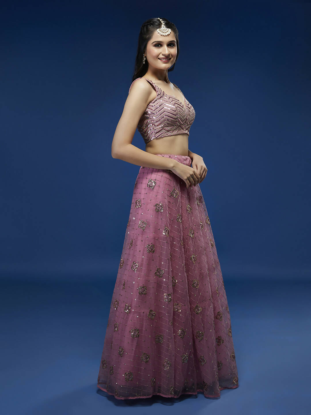 House of Panchhi Pink Net Sequinse Embroidered Lehenga & Blouse with Dupatta | Swadesiicart
