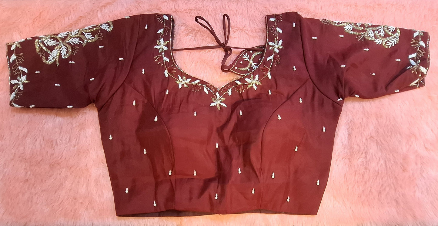 Kia Fashions Maroon Cotton Silk Hand Embroidered Readymade Blouse - Swadesiicart