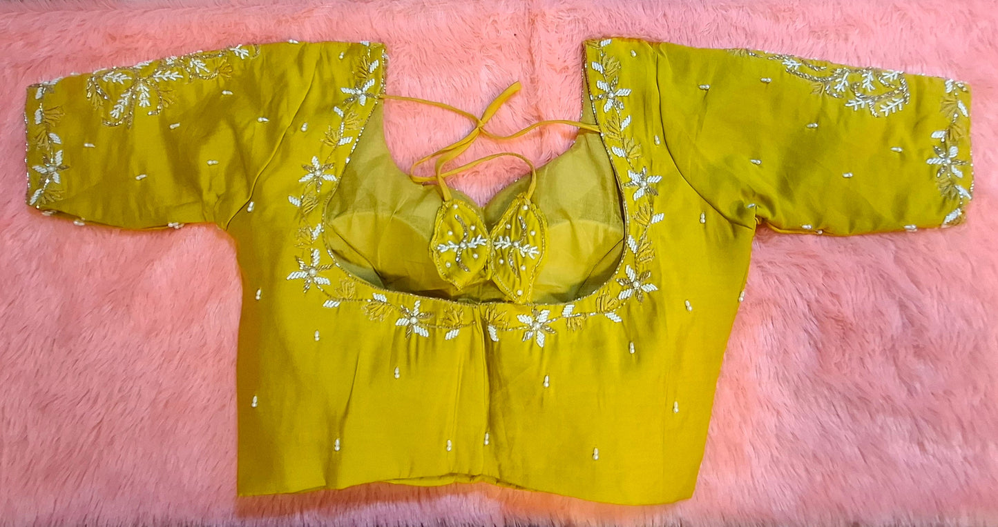 Kia Fashions Mustard Yellow Cotton Silk Hand Embroidered Readymade Blouse - Swadesiicart
