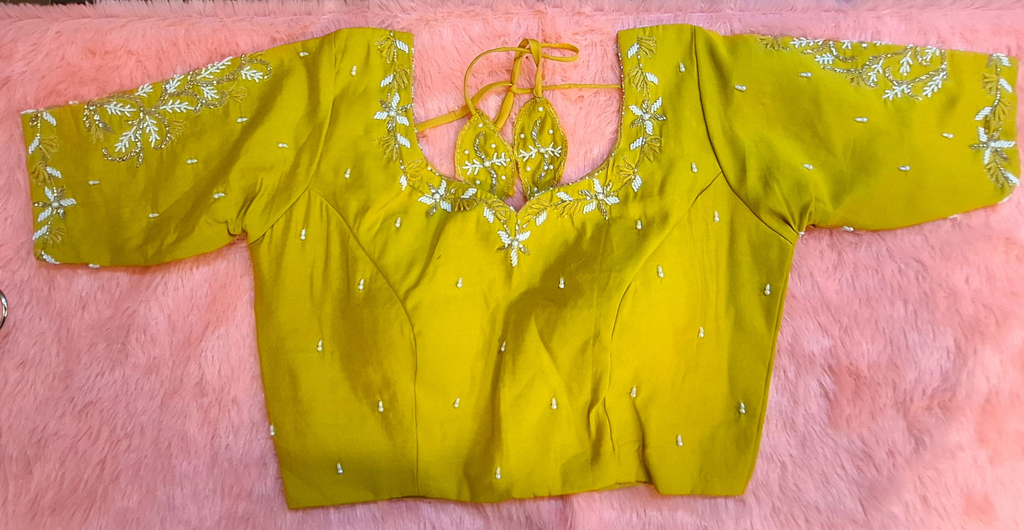 Kia Fashions Mustard Yellow Cotton Silk Hand Embroidered Readymade Blouse - Swadesiicart