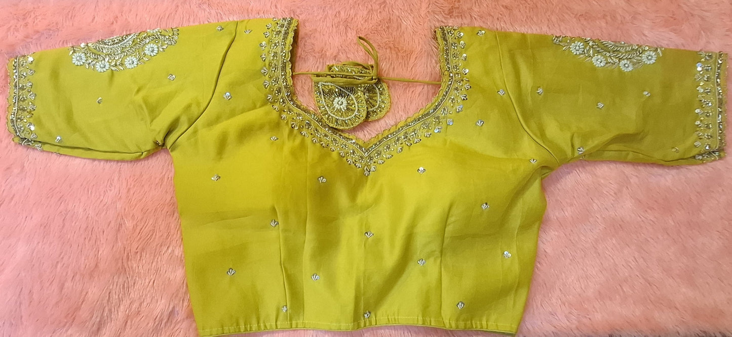 Kia Fashions Mustard Yellow Cotton Silk Hand Embroidered Readymade Blouse - Swadesiicart
