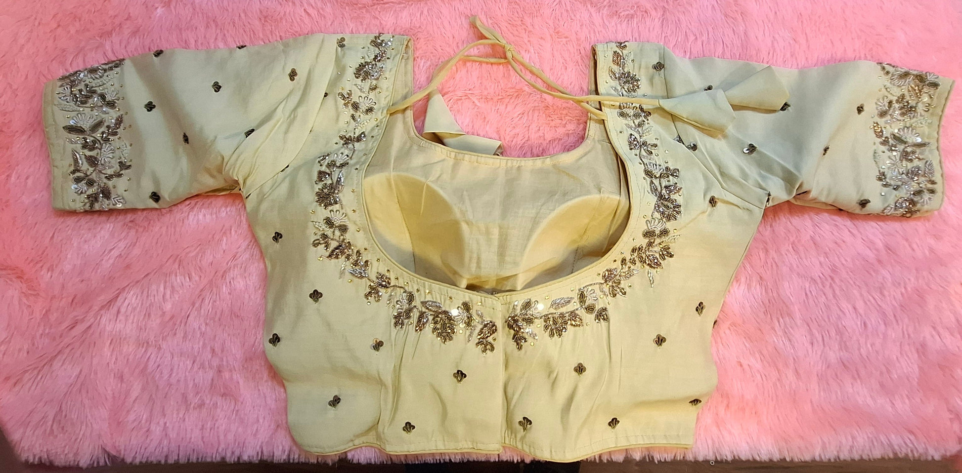 Kia Fashions Beige Cotton Silk Hand Embroidered Readymade Blouse - Swadesiicart