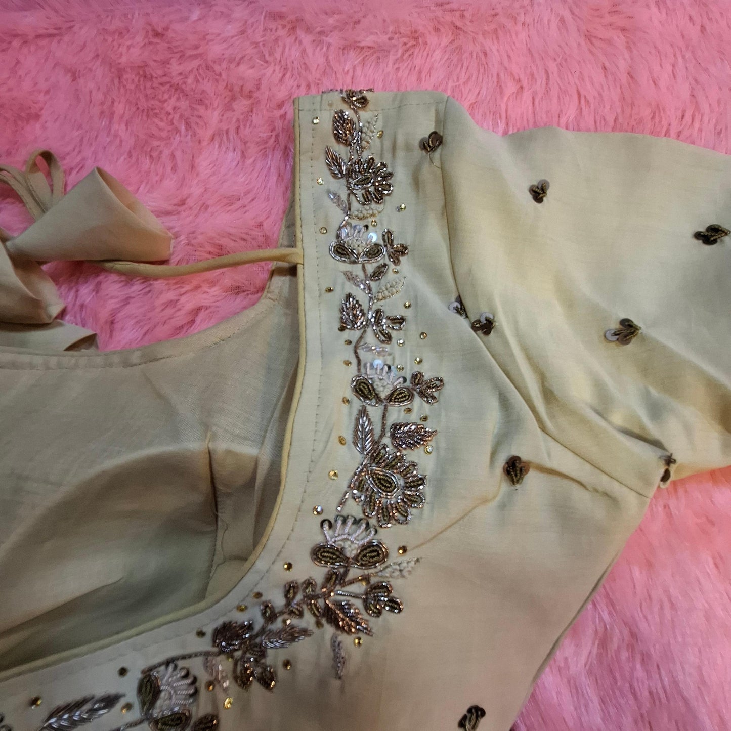 Kia Fashions Beige Cotton Silk Hand Embroidered Readymade Blouse - Swadesiicart
