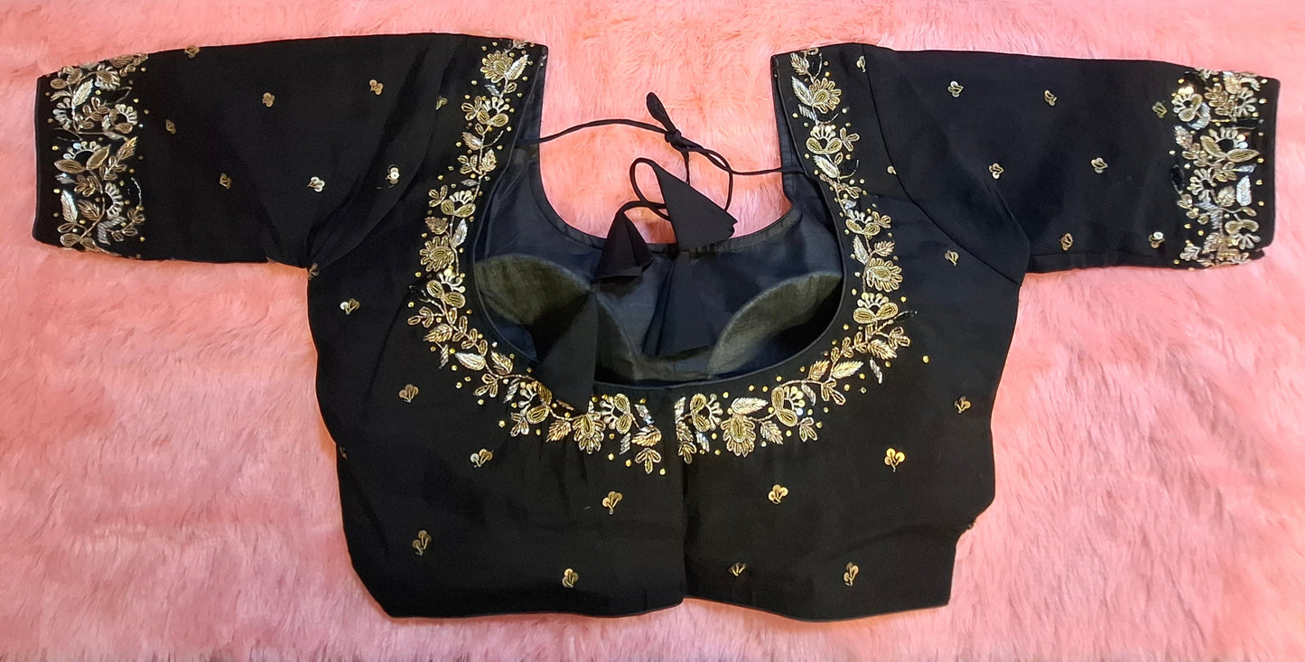 Kia Fashions Black Cotton Silk Hand Embroidered Readymade Blouse - Swadesiicart