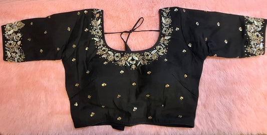 Kia Fashions Black Cotton Silk Hand Embroidered Readymade Blouse - Swadesiicart