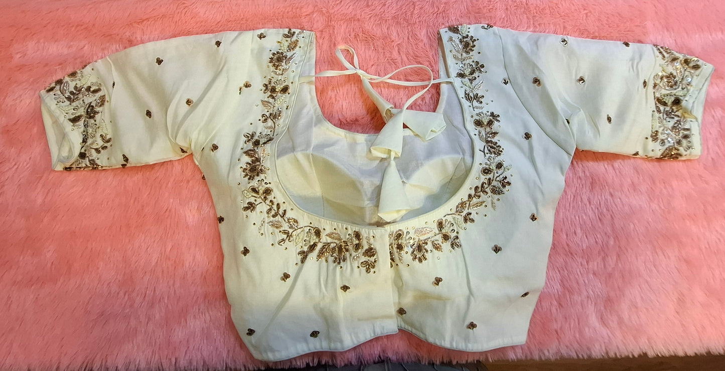 Kia Fashions Off-White Cotton Silk Hand Embroidered Readymade Blouse - Swadesiicart