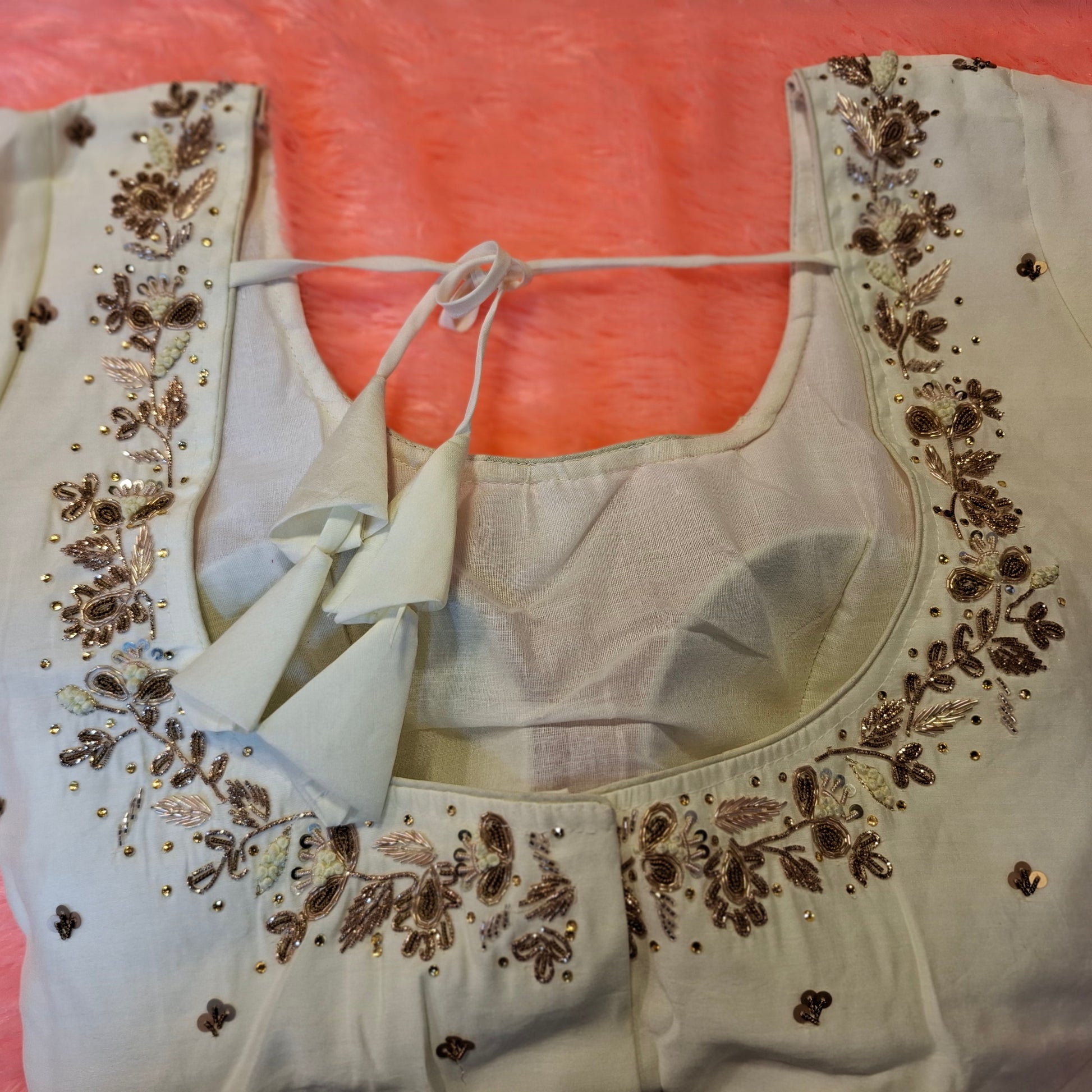 Kia Fashions Off-White Cotton Silk Hand Embroidered Readymade Blouse - Swadesiicart
