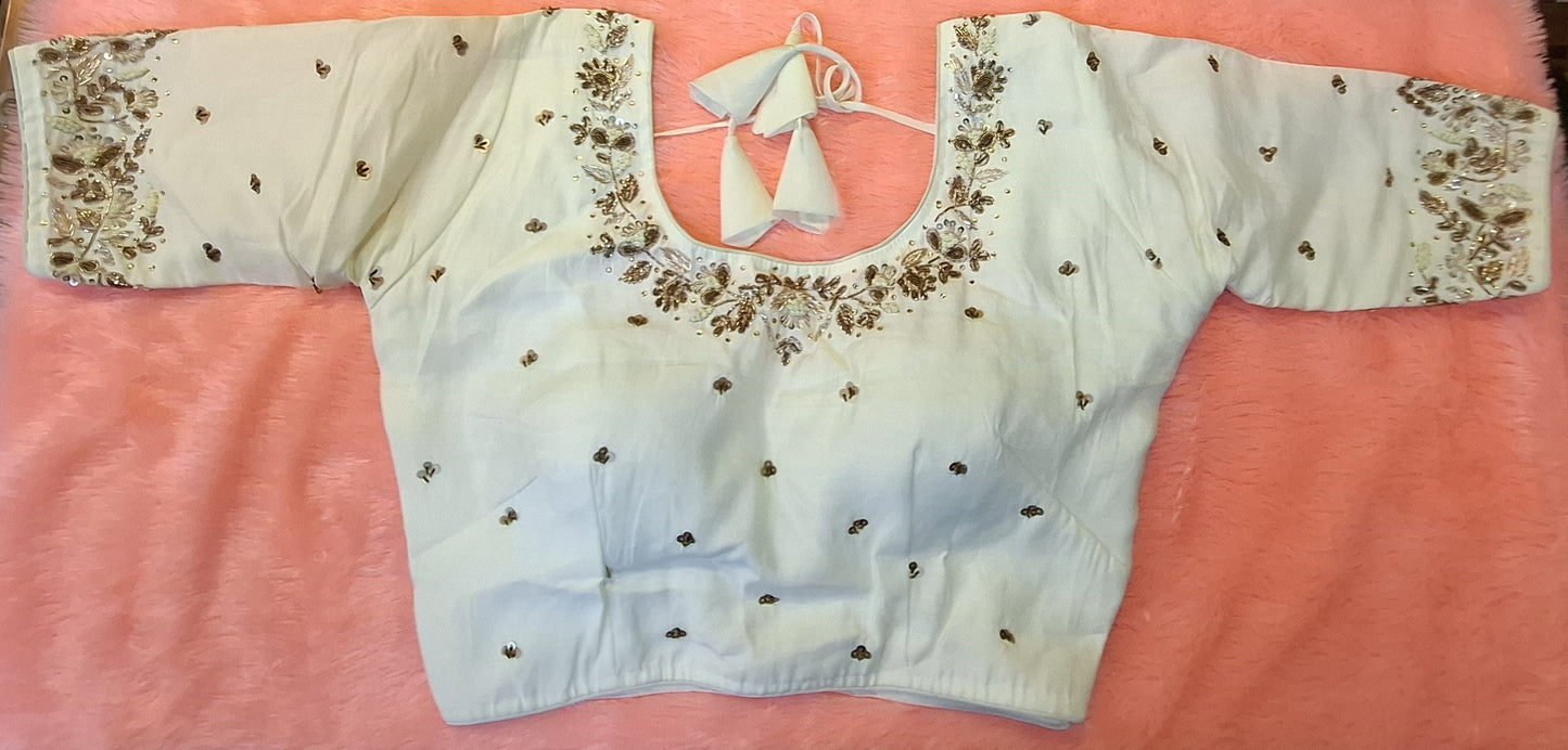 Kia Fashions Off-White Cotton Silk Hand Embroidered Readymade Blouse - Swadesiicart