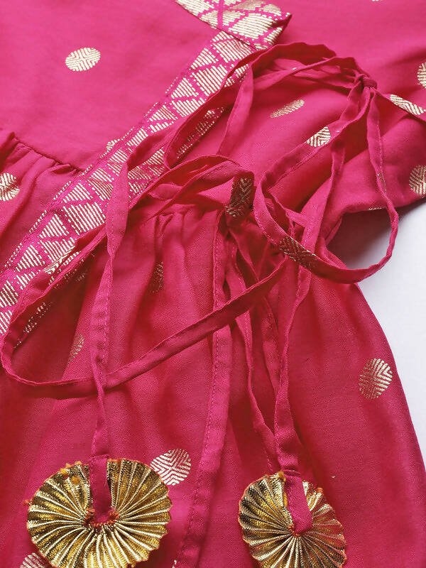 Ahalyaa Womens Pink Chanderi Printed Angrakha Style Tunic | Swadesiicart