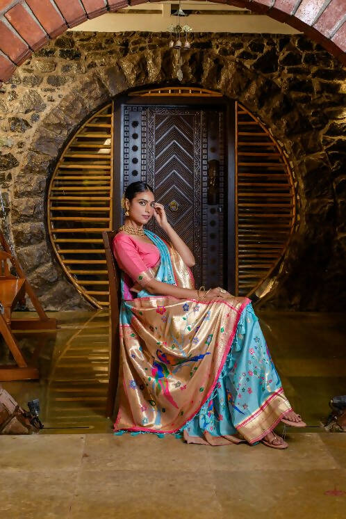 Vishnu Weaves Women's Firozi Paithani Silk Zari Woven Saree with Unstitched Blouse - Swadesiicart