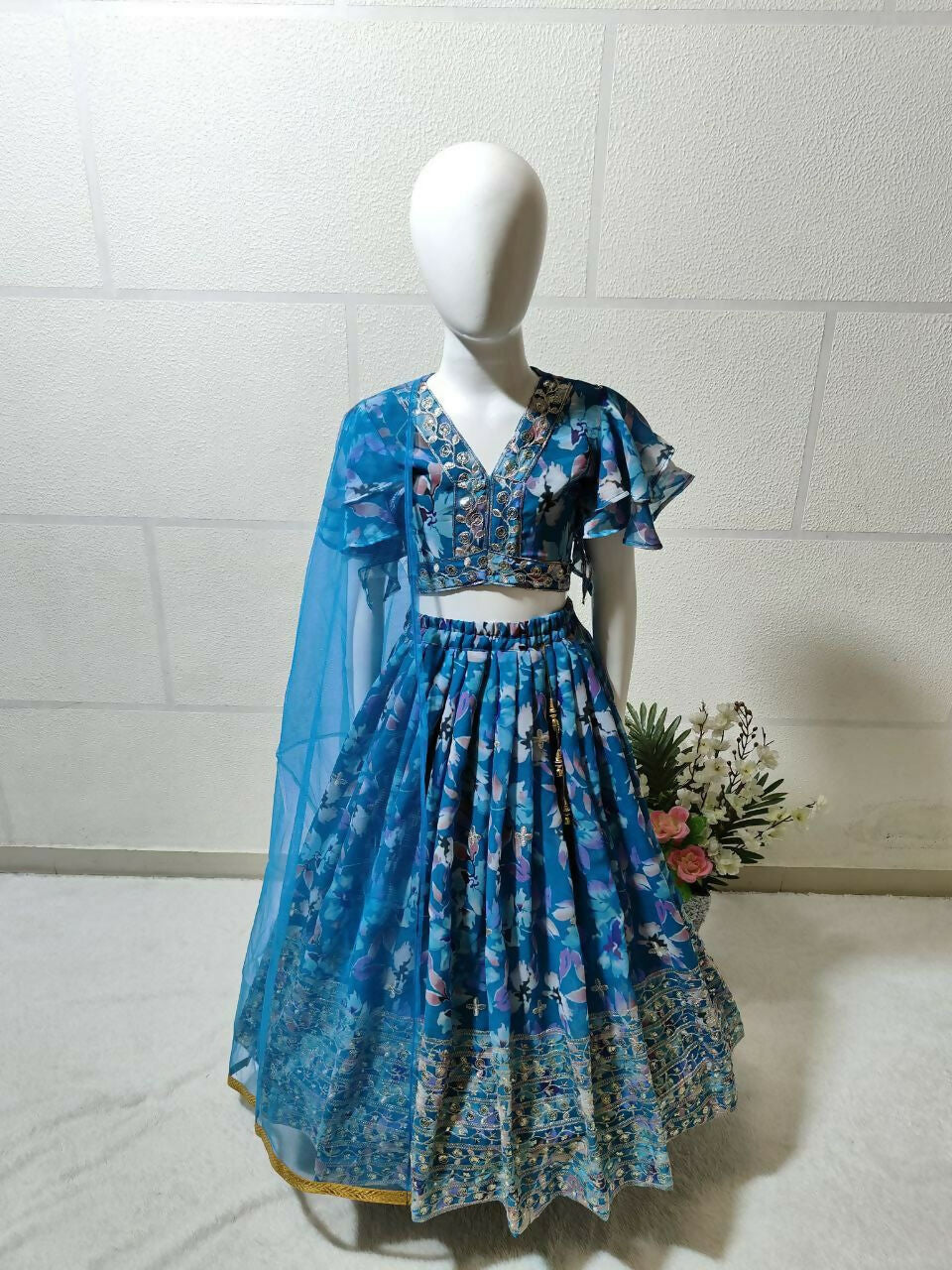 Jyoti Fashion Beautiful Blue Faux Georgette Digital Printed with Sequins Embroidered Kids Lehenga Choli Set | Swadesiicart
