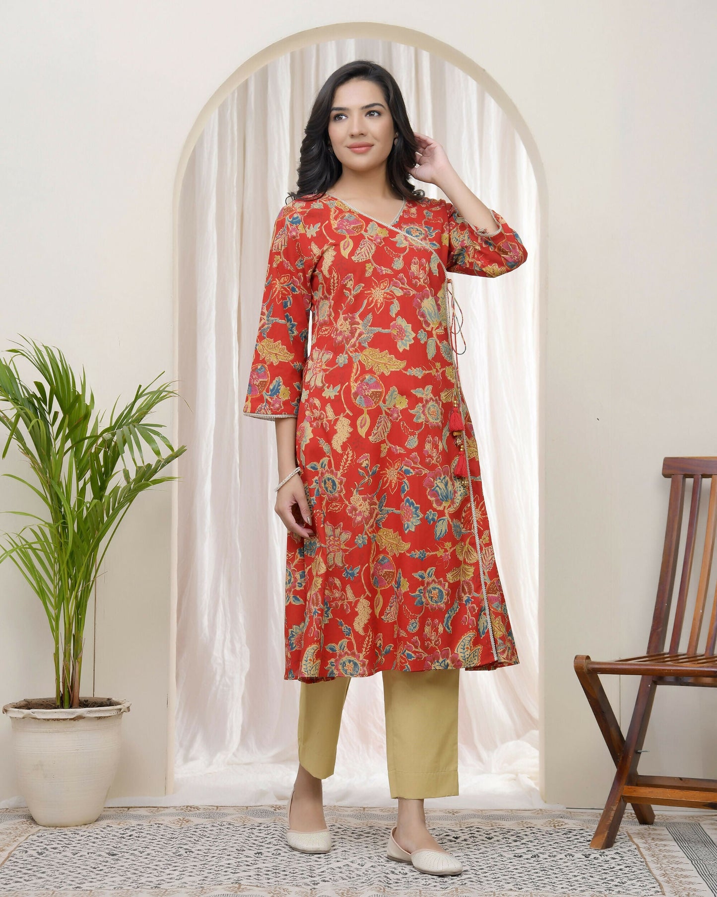 Vaasva Women Red Cotton Angrakha Kurta With Pant | Swadesiicart