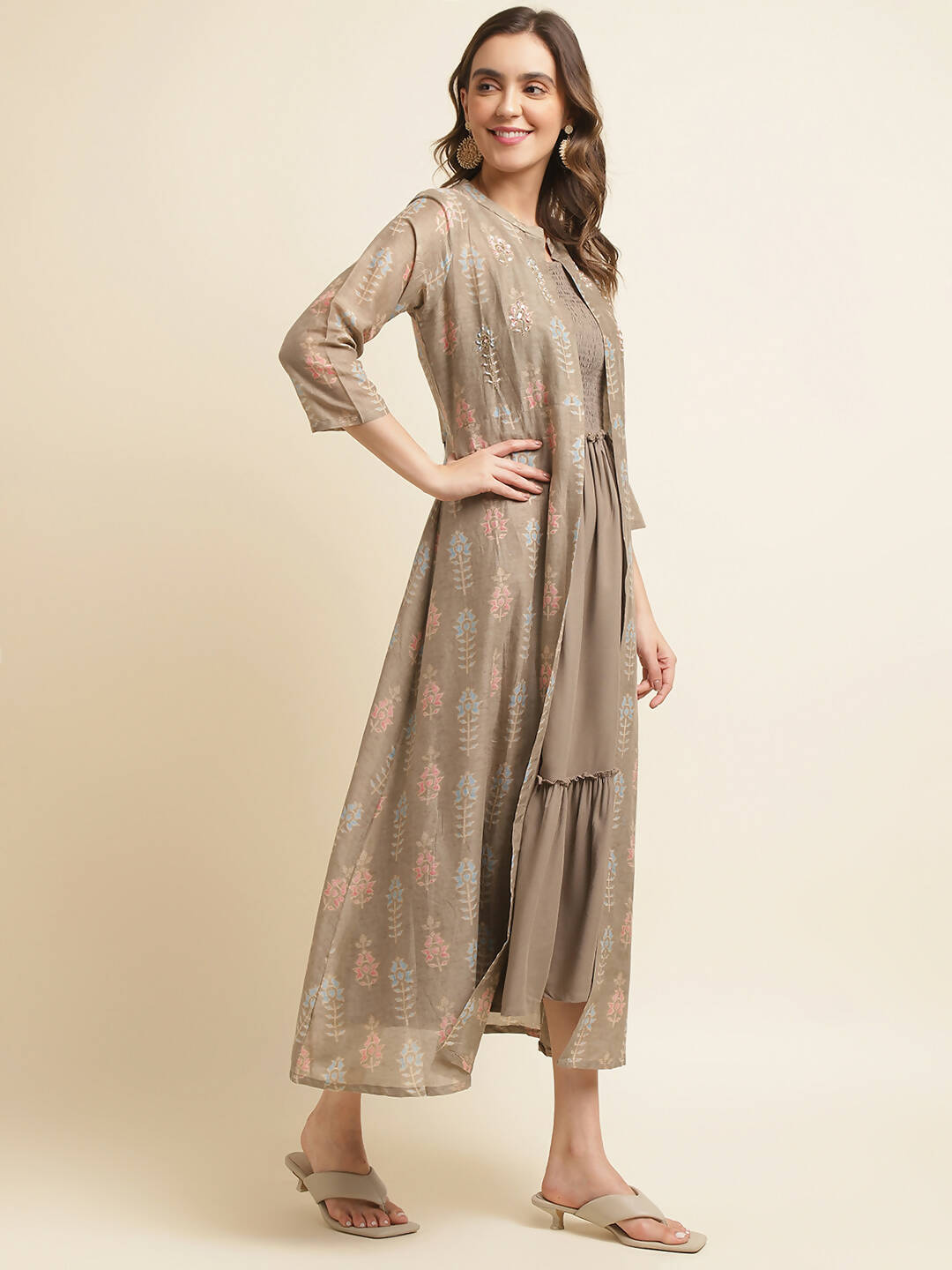 Brown Cotton Solid Flared Dress with Printed Shrug - Yukti