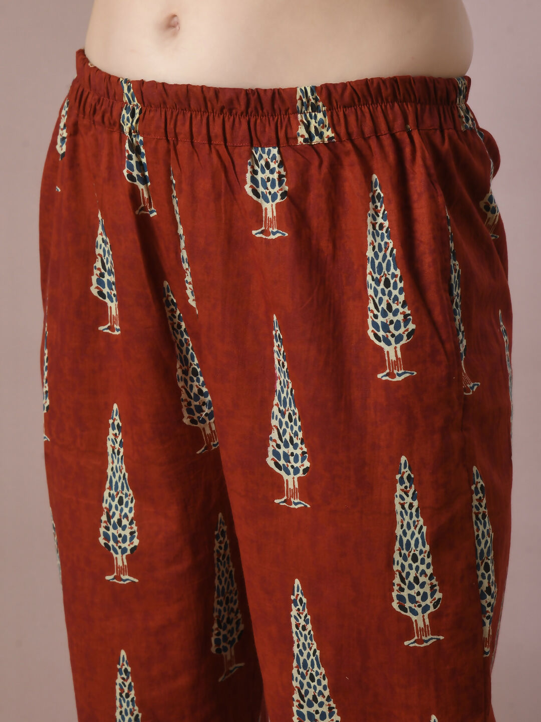 Myshka Women's Rust Printed Cotton Round Neck Party Tunic With Trousers Co-ord set - Swadesiicart