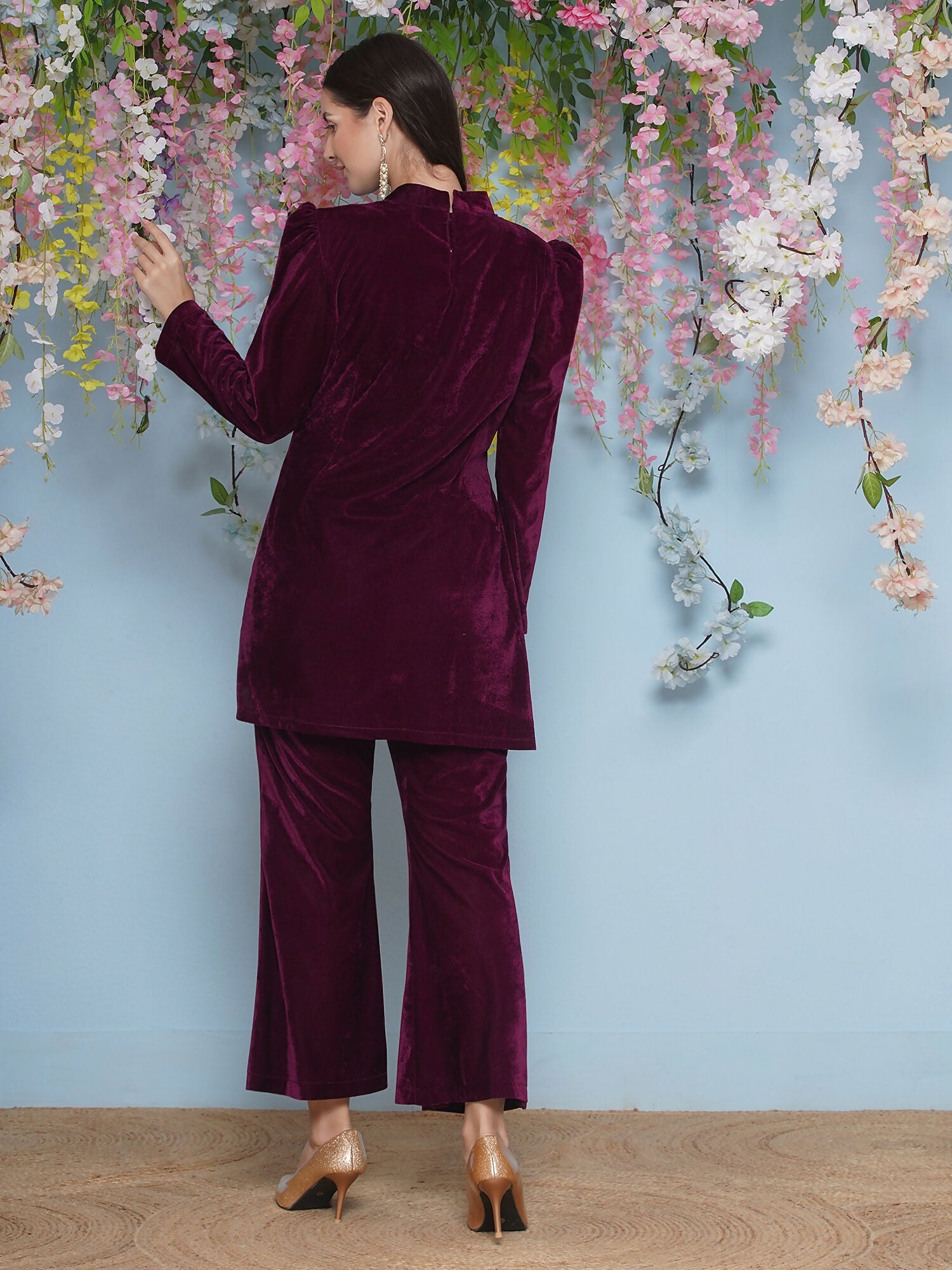 Joban Fashion Wine Velvet Hand Embellished Coord Set - Swadesiicart