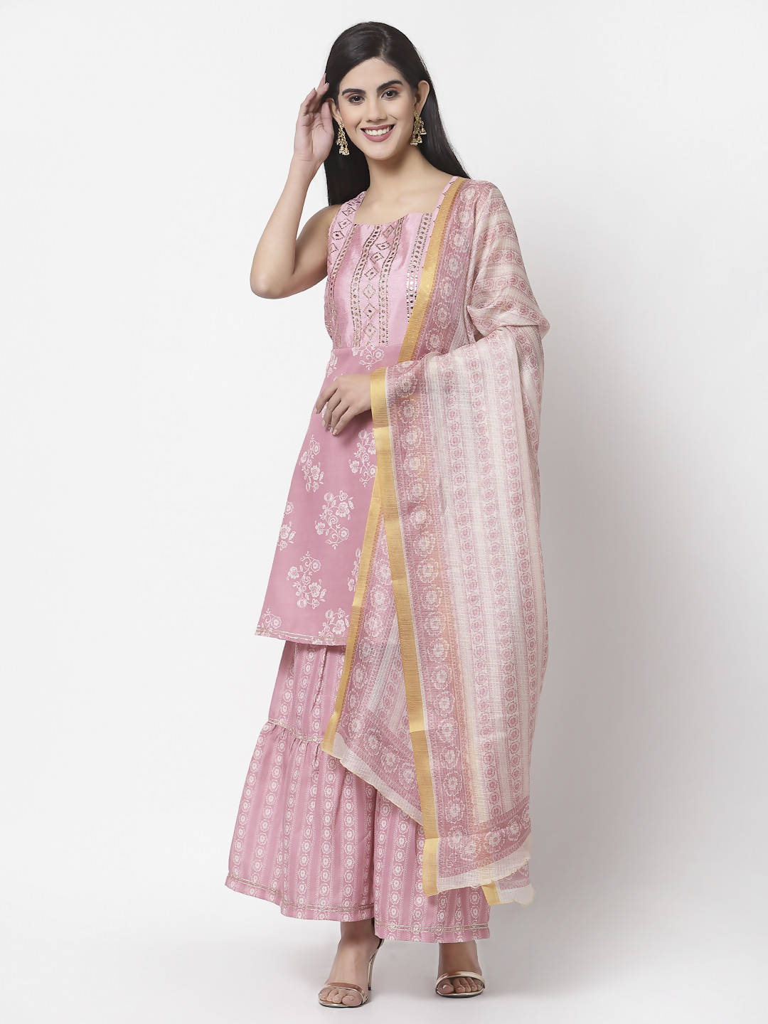 Myshka Women Peach Cotton Blend Printed Sleeveless Shoulder Straps Kurta With Sharara & Dupatta Set | Swadesiicart