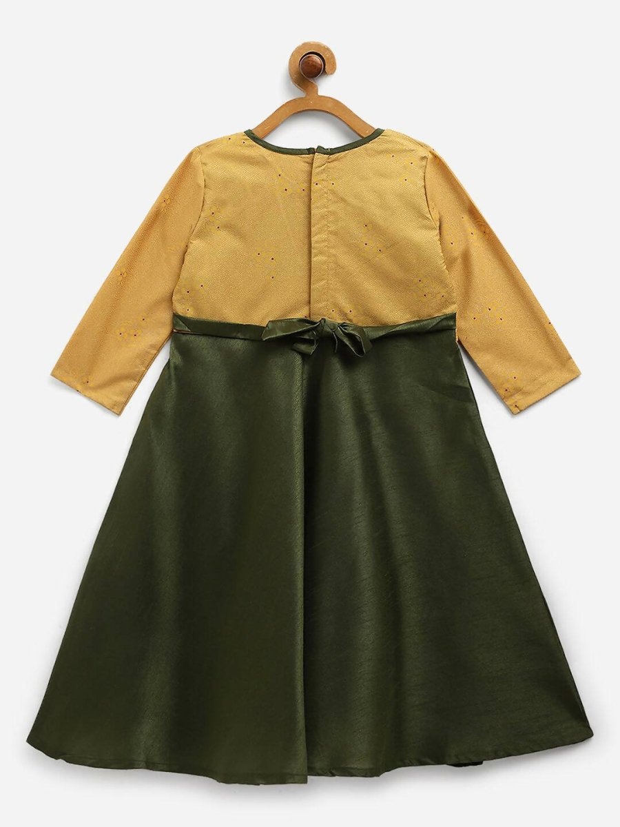 Ahalyaa Green Poly Silk Solid Kids Kurta With Printed Jacket For Girls | Swadesiicart