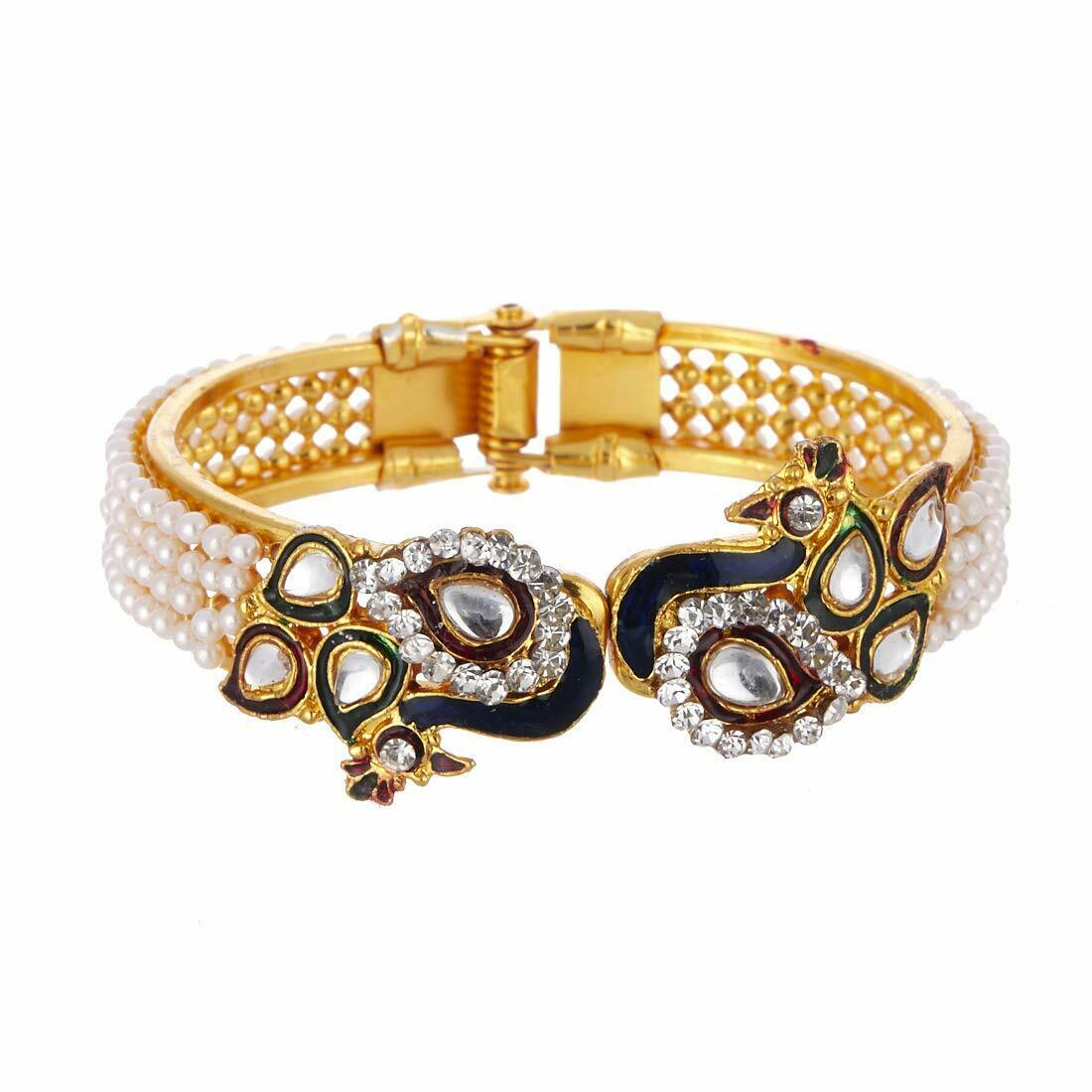 Gold-Polished Alloy Peacock Shape Enamel And Pearl Bangle Set - The Pari - Swadesiicart