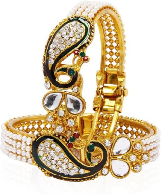 Gold-Polished Alloy Pearl Studded Peacock Enamel Bangle - The Pari - The Pari - Dinesh Associates