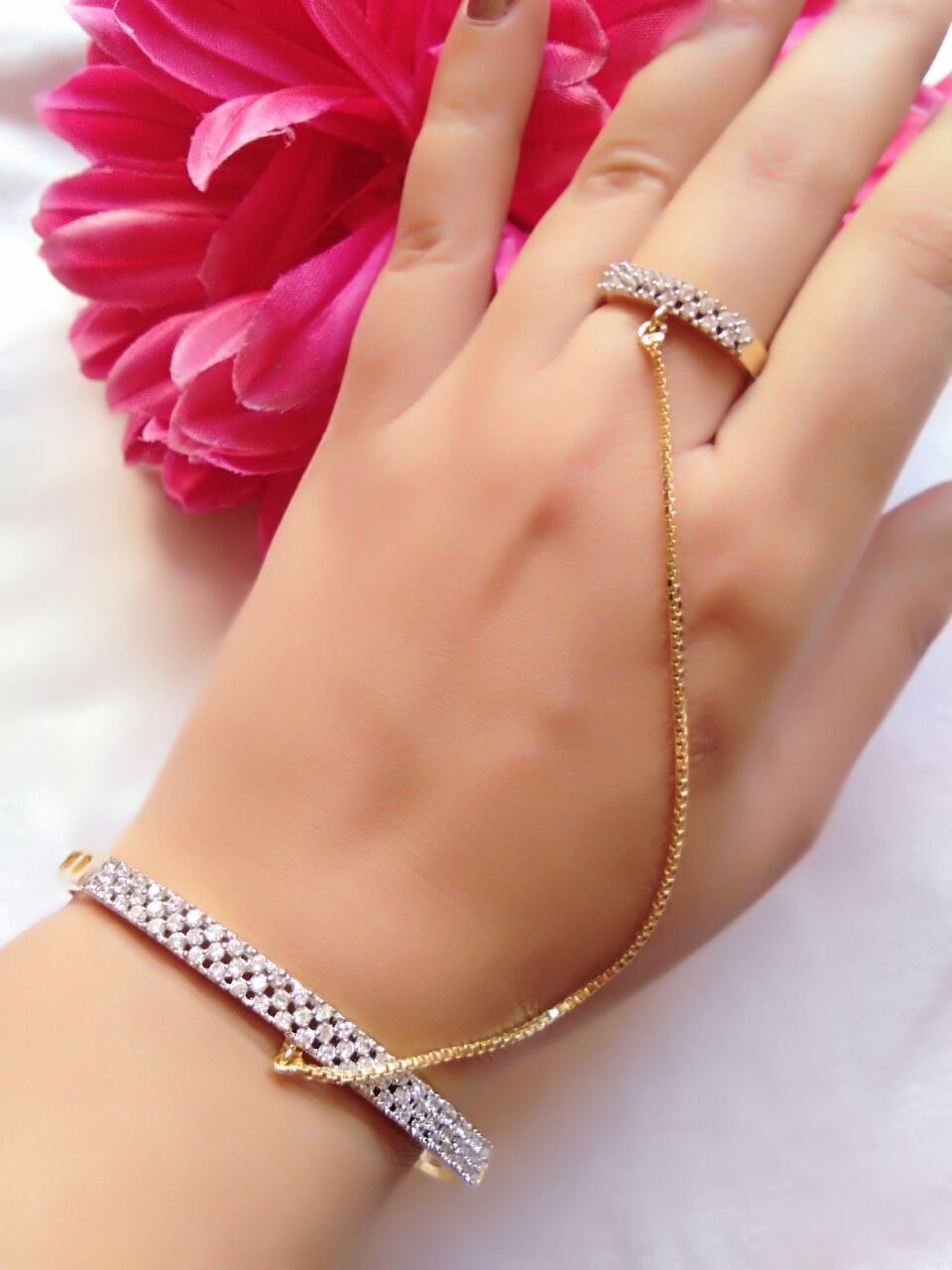 Gold-Polished Alloy American Diamond Hand Harness Bracelet - The Pari - The Pari - Dinesh Associates