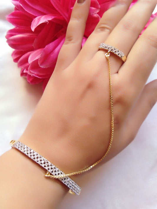 Gold-Polished Alloy American Diamond Hand Harness Bracelet - The Pari - The Pari - Dinesh Associates