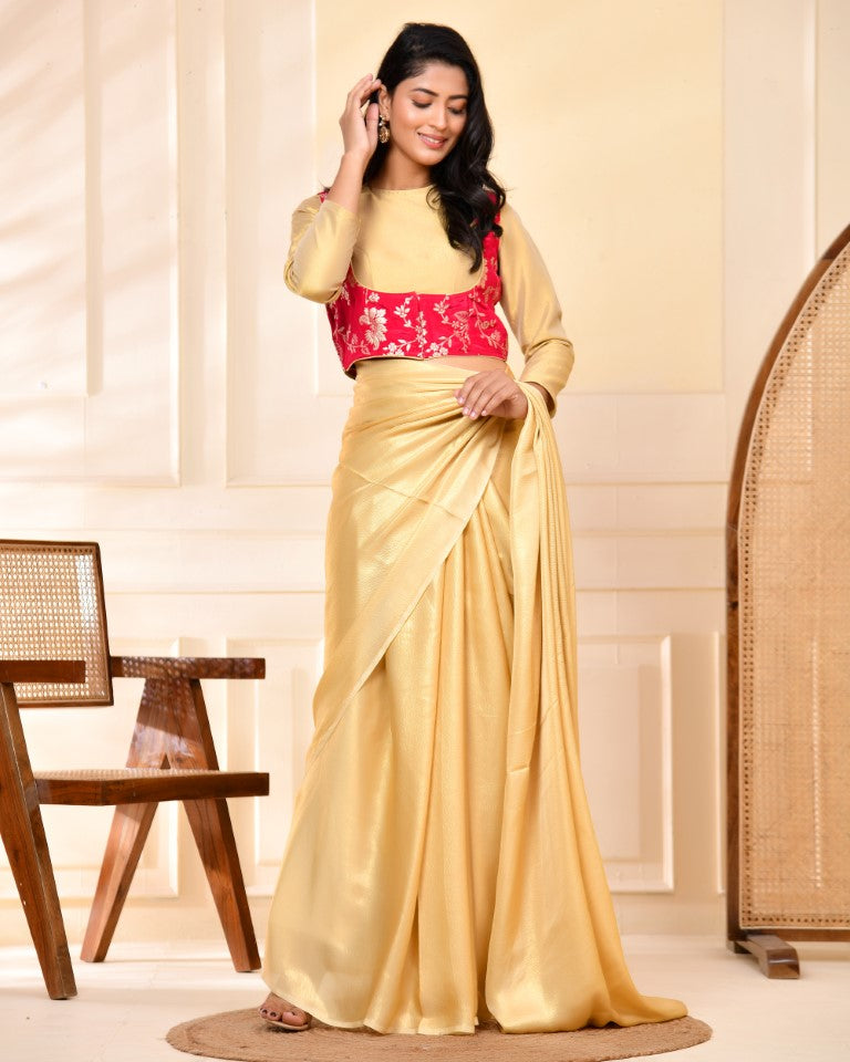 Amodini Designer Studio Pink Banarsi Jacket With Golden Blouse - Swadesiicart