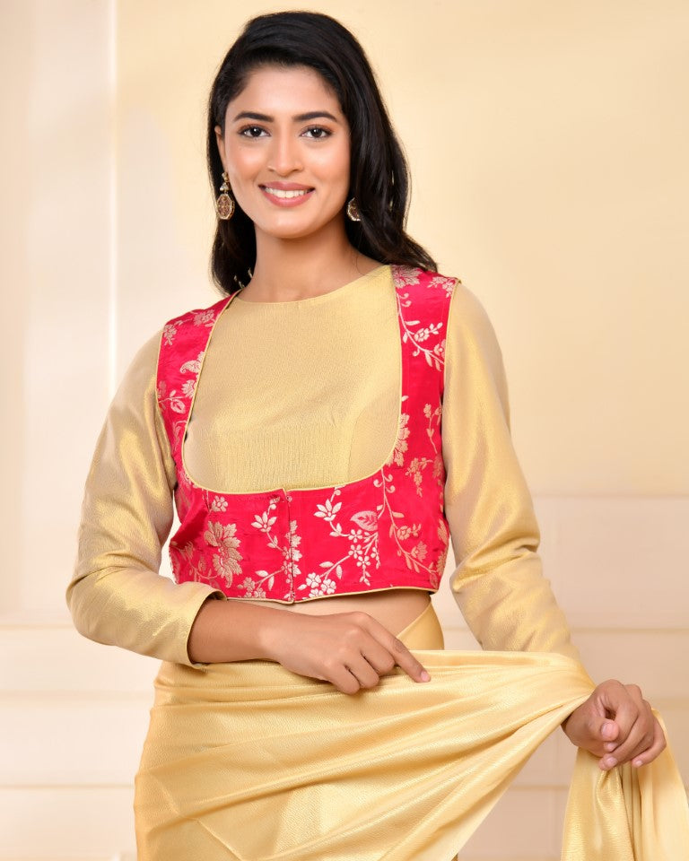 Amodini Designer Studio Pink Banarsi Jacket With Golden Blouse - Swadesiicart