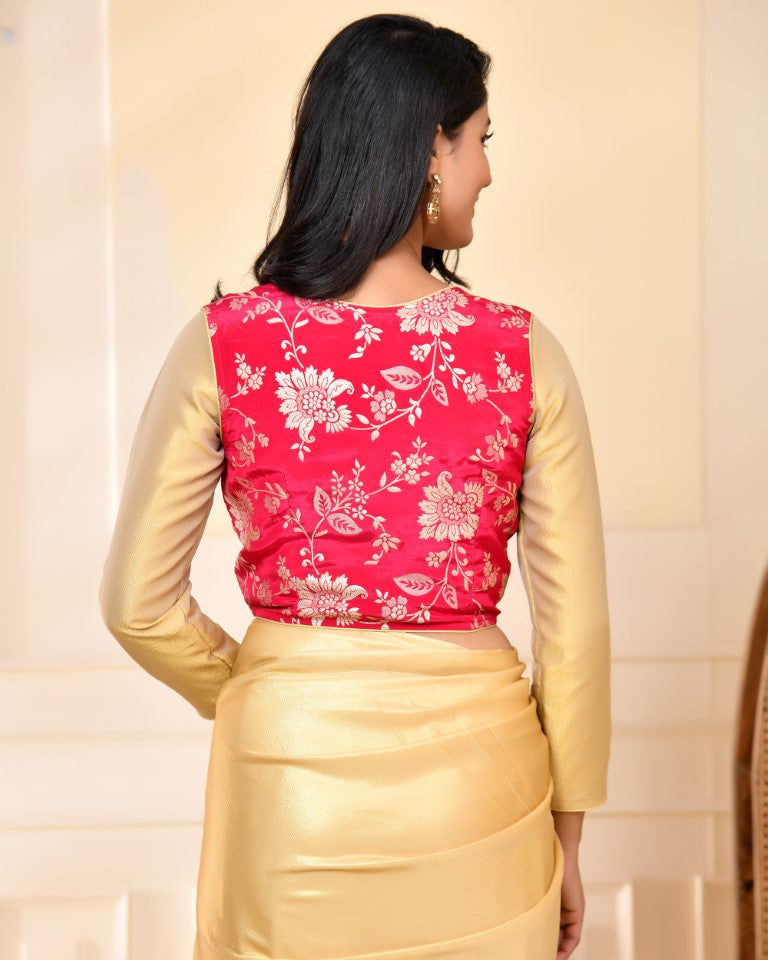 Amodini Designer Studio Pink Banarsi Jacket With Golden Blouse - Swadesiicart