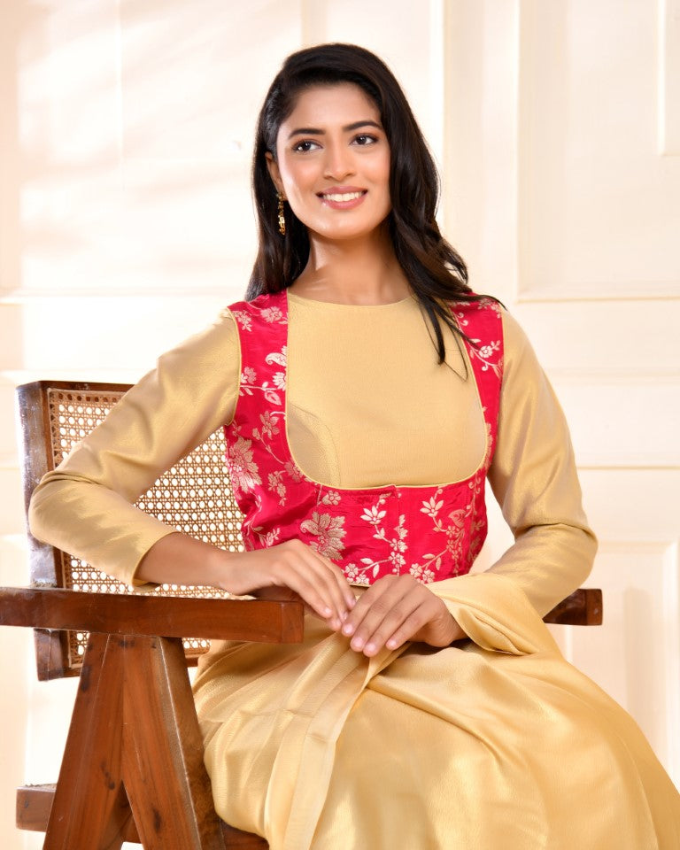 Amodini Designer Studio Pink Banarsi Jacket With Golden Blouse - Swadesiicart
