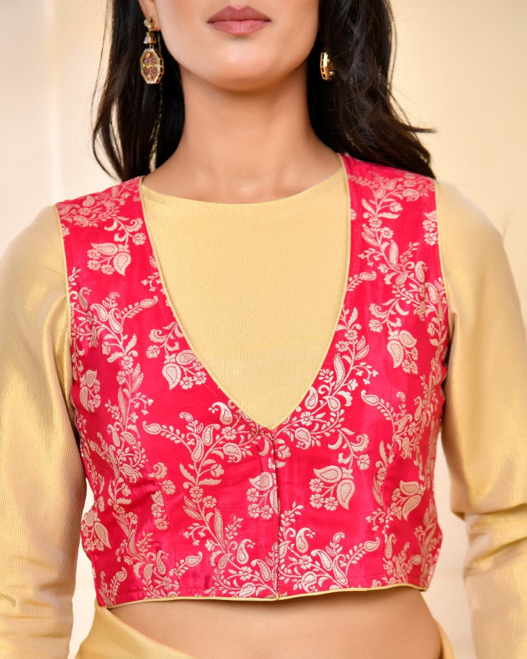 Amodini Designer Studio Pink Banarsi Jacket With Golden Blouse - Swadesiicart