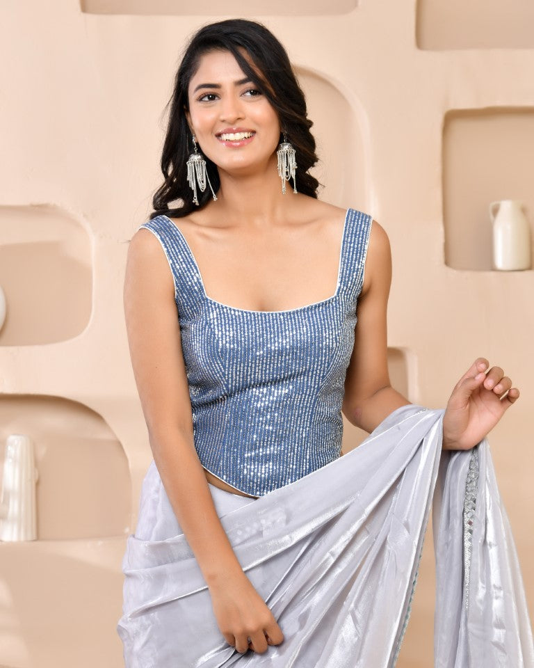 Amodini Designer Studio Sequined Denim Corset Saree Blouse - Swadesiicart