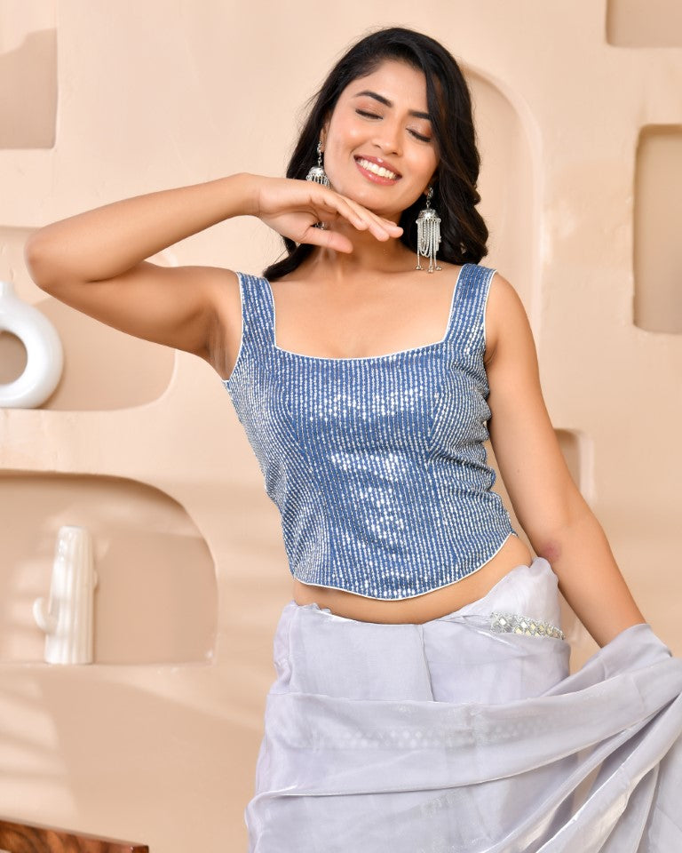 Amodini Designer Studio Sequined Denim Corset Saree Blouse - Swadesiicart