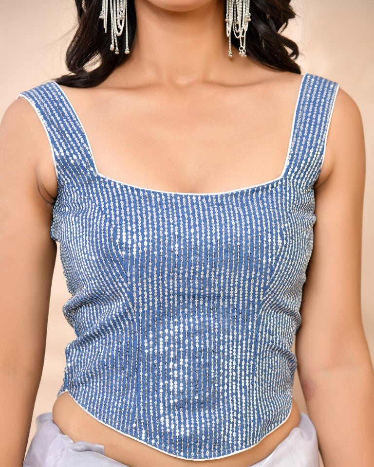 Amodini Designer Studio Sequined Denim Corset Saree Blouse - Swadesiicart