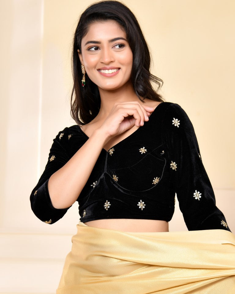 Amodini Designer Studio Black Embellished Velvet Blouse - Swadesiicart