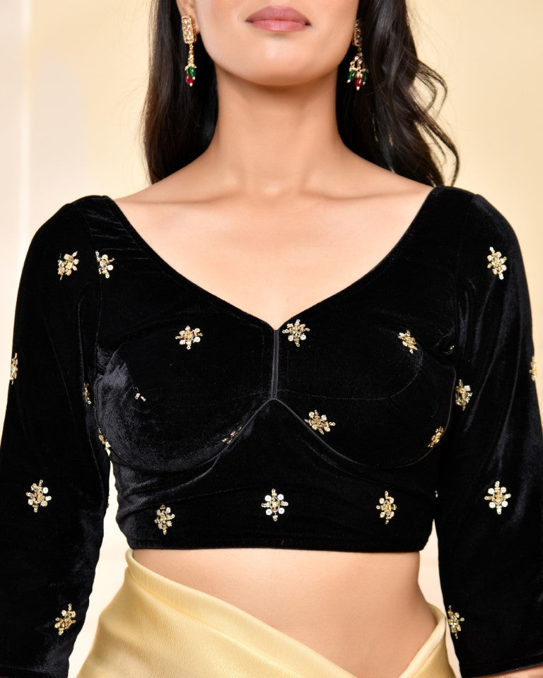 Amodini Designer Studio Black Embellished Velvet Blouse - Swadesiicart