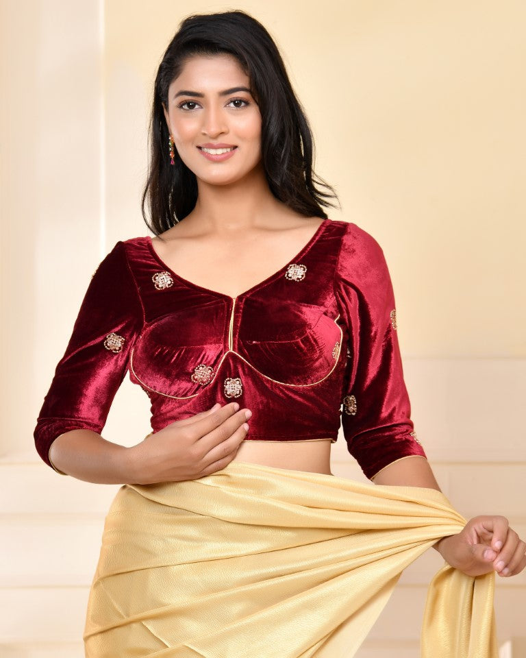 Amodini Designer Studio Marroon Embellished Velvet Blouse - Swadesiicart