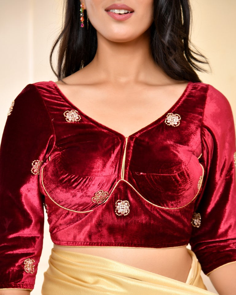 Amodini Designer Studio Marroon Embellished Velvet Blouse - Swadesiicart