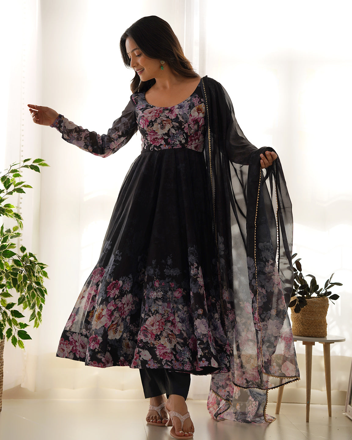 Lorenvalley Fashion Women Pure Soft Organza Silk Floral Print Fully Flair Anarkali With Pent Dupatta Set - Black | Swadesiicart