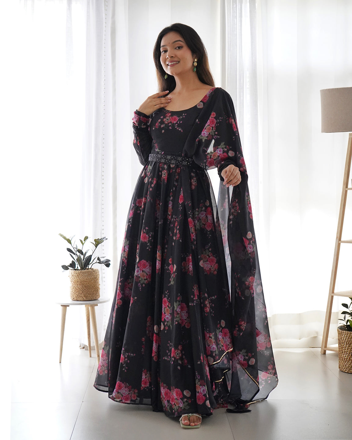 Lorenvalley Fashion Women Pure Soft Organza Silk Anarkali Kali Cut Gown With Pant Dupatta Set - Wine | Swadesiicart