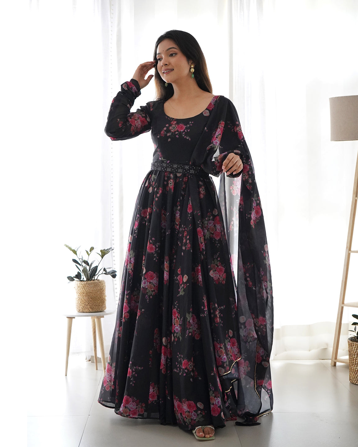 Lorenvalley Fashion Women Pure Soft Organza Silk Anarkali Kali Cut Gown With Pant Dupatta Set - Wine | Swadesiicart