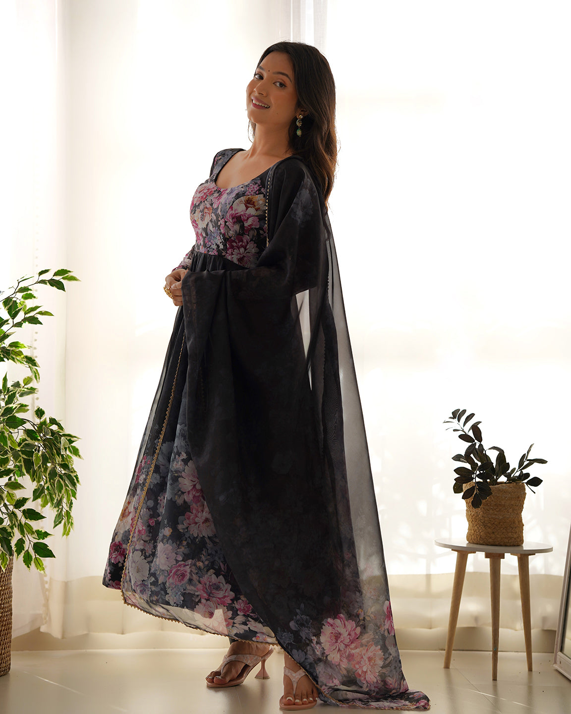Lorenvalley Fashion Women Pure Soft Organza Silk Floral Print Fully Flair Anarkali With Pent Dupatta Set - Black | Swadesiicart