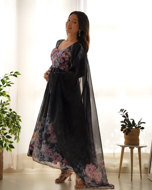 Lorenvalley Fashion Women Pure Soft Organza Silk Floral Print Fully Flair Anarkali With Pent Dupatta Set - Black | Swadesiicart
