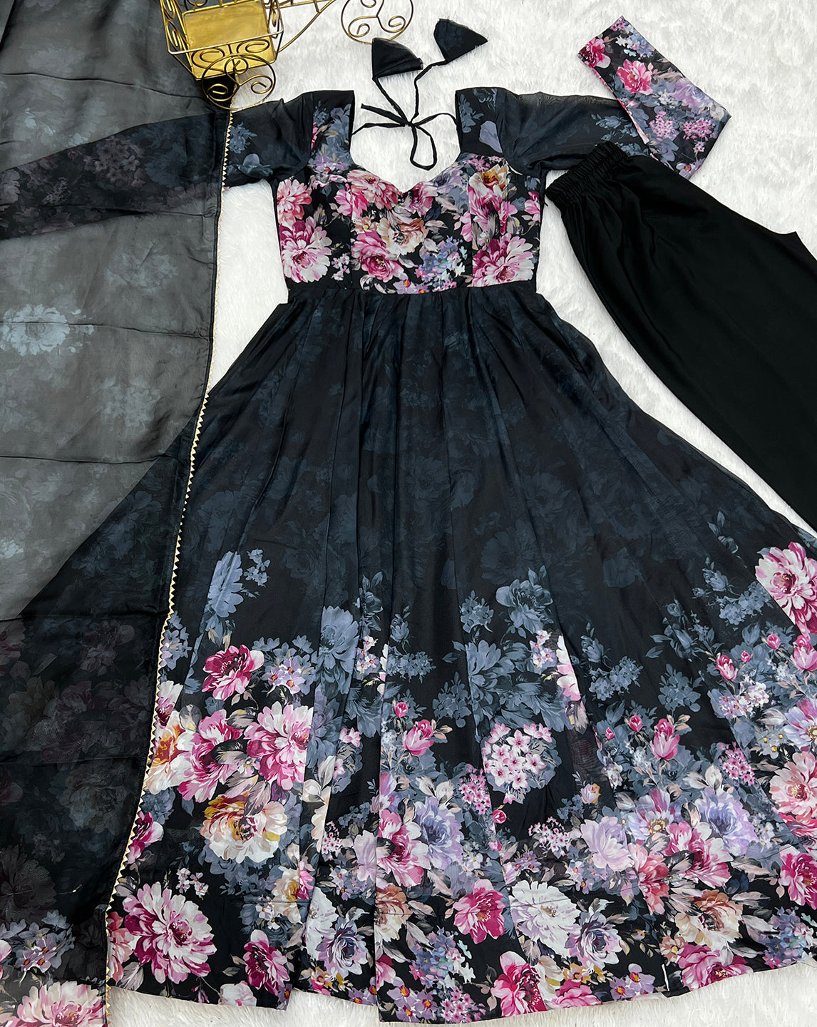 Lorenvalley Fashion Women Pure Soft Organza Silk Floral Print Fully Flair Anarkali With Pent Dupatta Set - Black | Swadesiicart