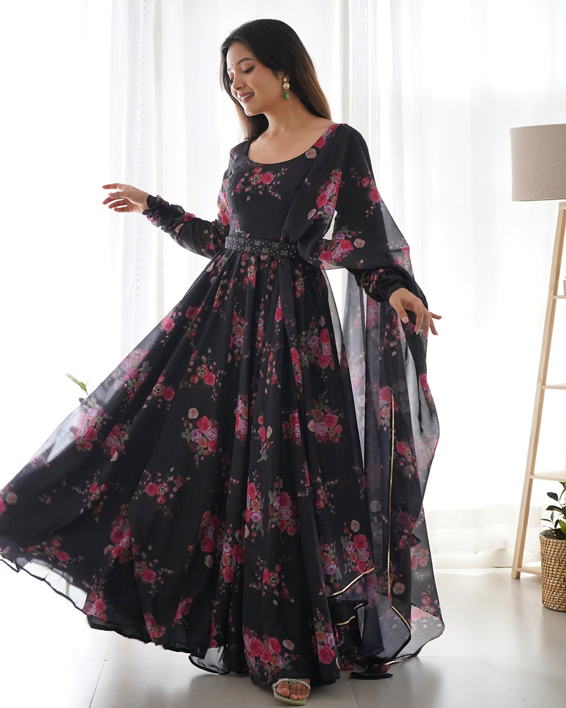 Lorenvalley Fashion Women Pure Soft Organza Silk Anarkali Kali Cut Gown With Pant Dupatta Set - Wine | Swadesiicart
