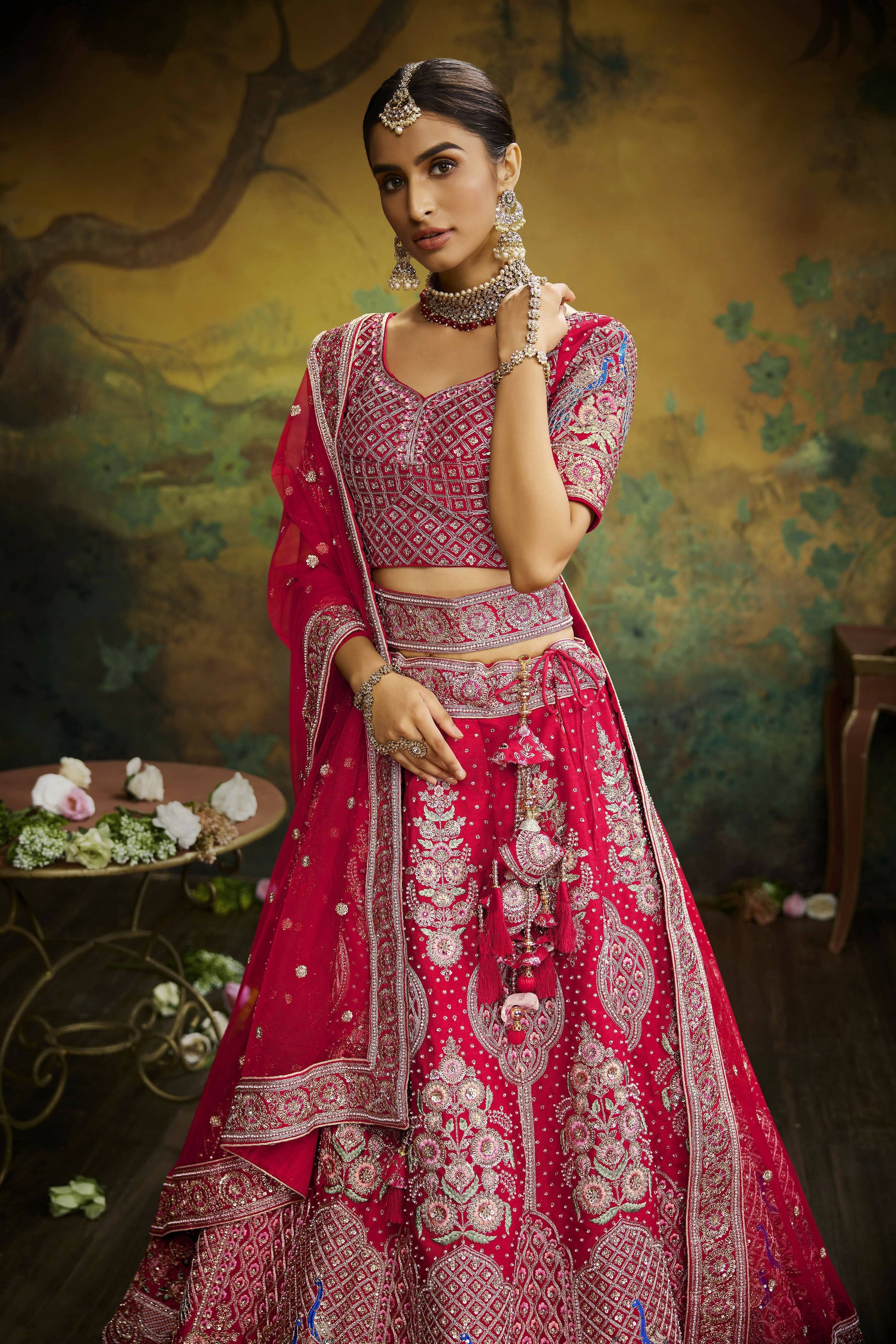 House of Panchhi Red Pure Silk Moti & Zarkan heavy embroidery Lehenga choli & Dupatta | Swadesiicart