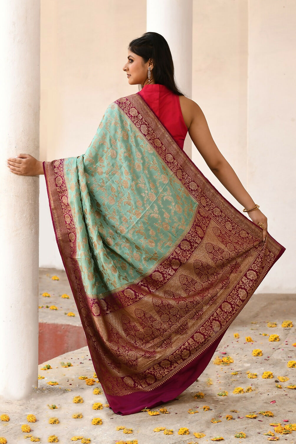 Joban Fashion Aqua Crepe Chiffon Pure Handloom Banarasi Silk Saree | Swadesiicart