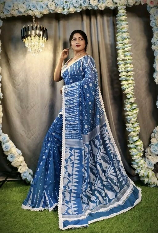 Exclusive Collection Beautiful Peacock Blue Jaal Jamdani Saree - Swadesiicart