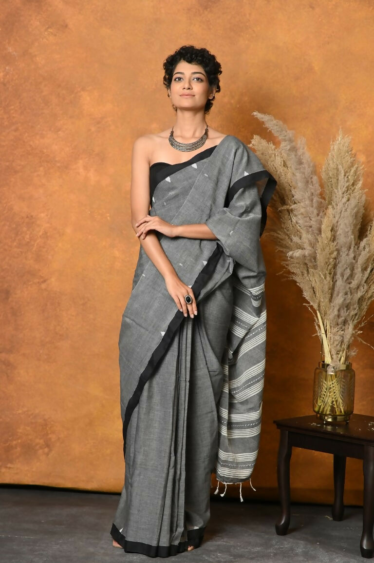 Very Much Indian Handloom Pure Cotton Saree With Sleek Border - Grey | Swadesiicart