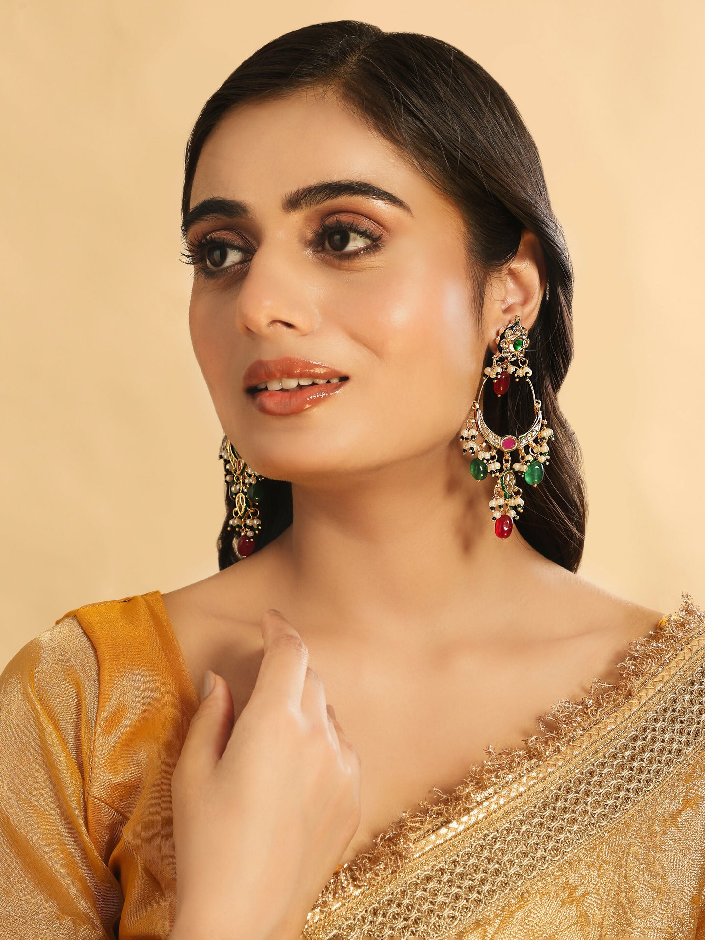 Nuyug 22K Gold Plated Crescent Kundan Drop Red Stone Chandbali Earrings | Swadesiicart