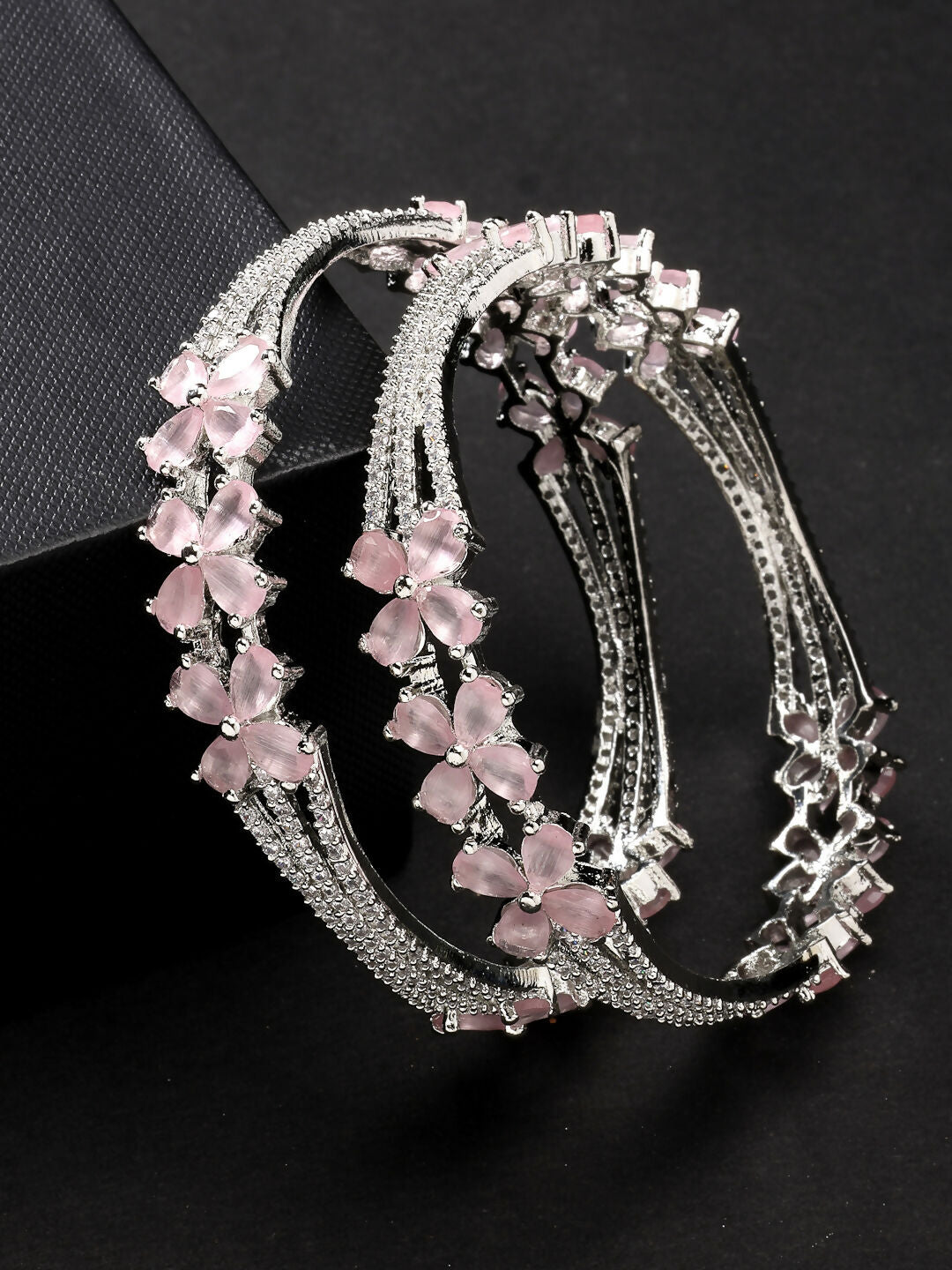 NVR Women's Set of 2 Silver-Plated American Diamond Handcrafted Bangles - Swadesiicart